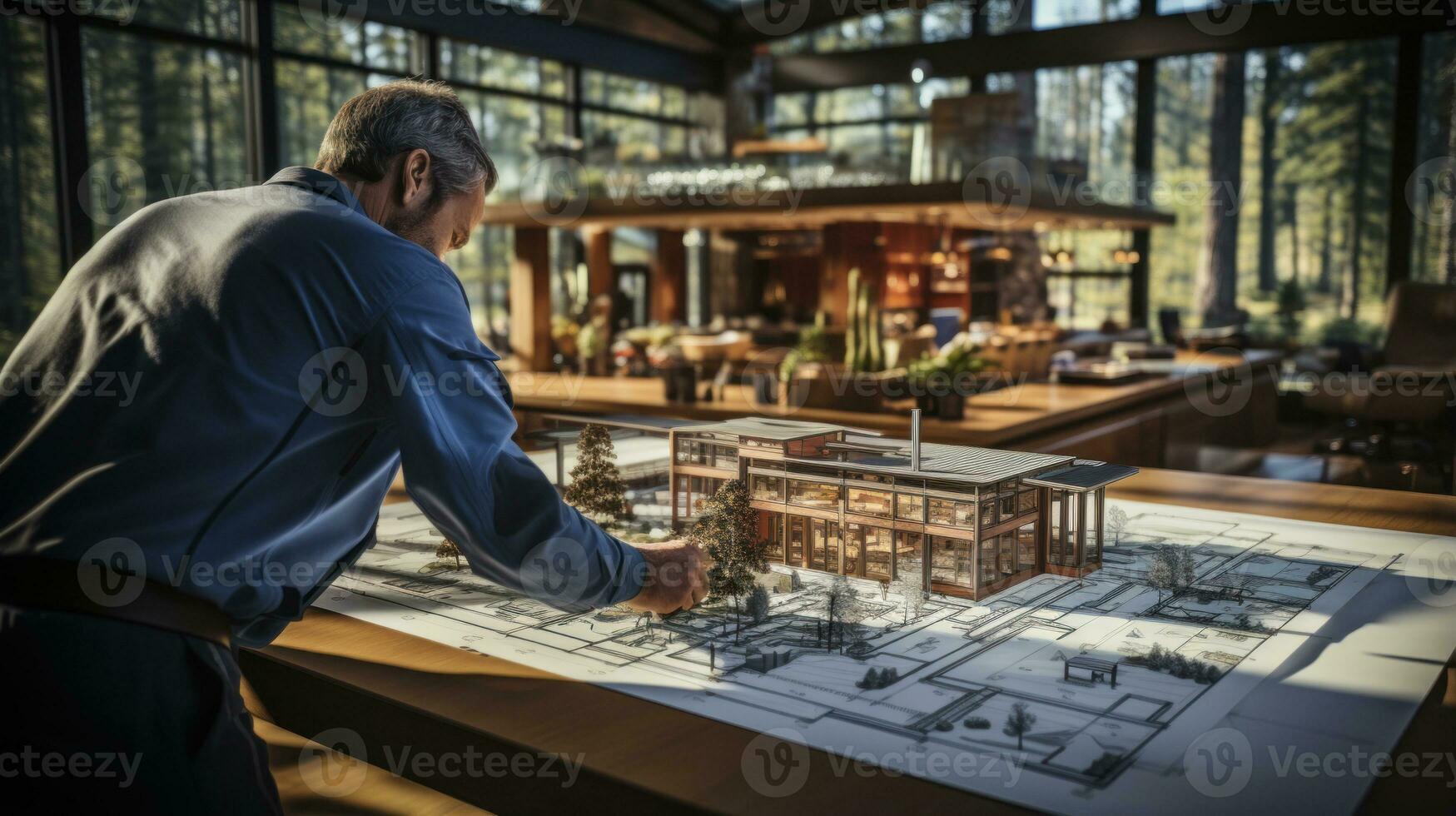 Architect working on blueprint in office at desk against digitally generated room. photo