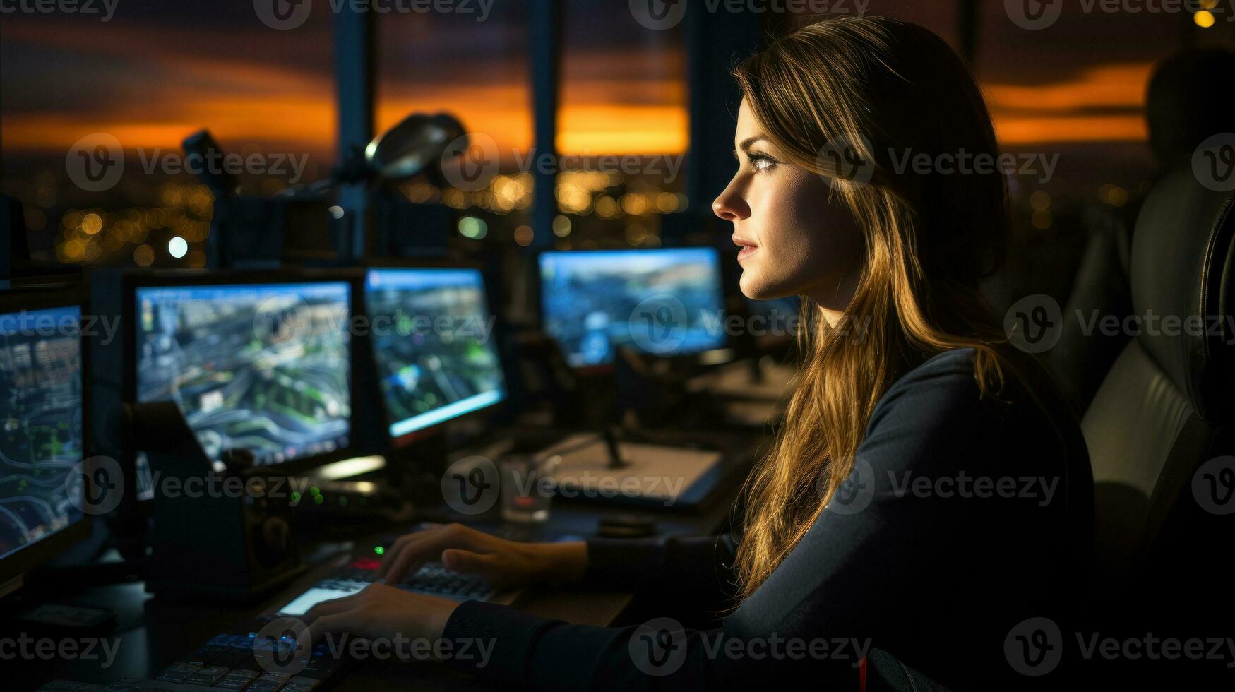 Air traffic controller worker. Office room with navigation screens,airplane departure and arrival data team. Airport tower concept. photo