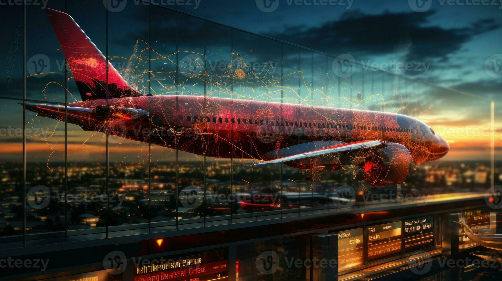 Airplane on the background of the city. 3D rendering. photo