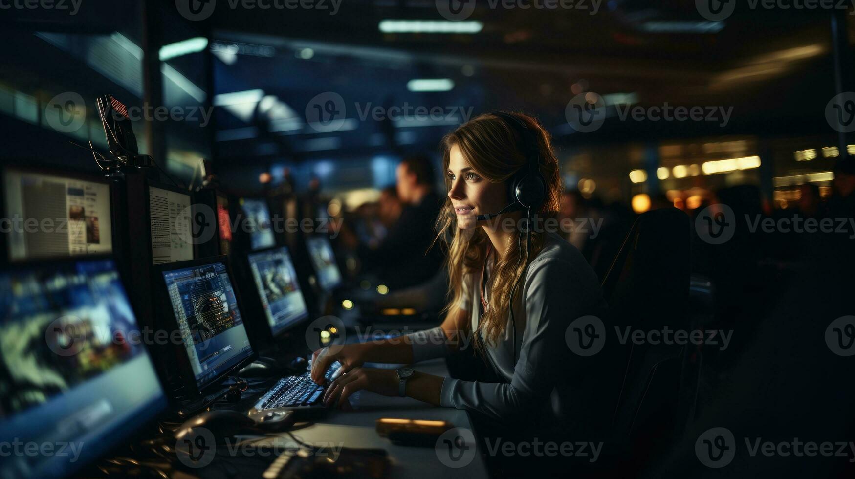 Air traffic controller worker. Office room with navigation screens,airplane departure and arrival data team. Airport tower concept. photo