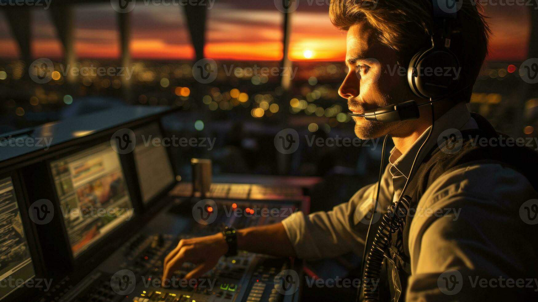 Air traffic controller worker. Office room with navigation screens,airplane departure and arrival data team. Airport tower concept. photo