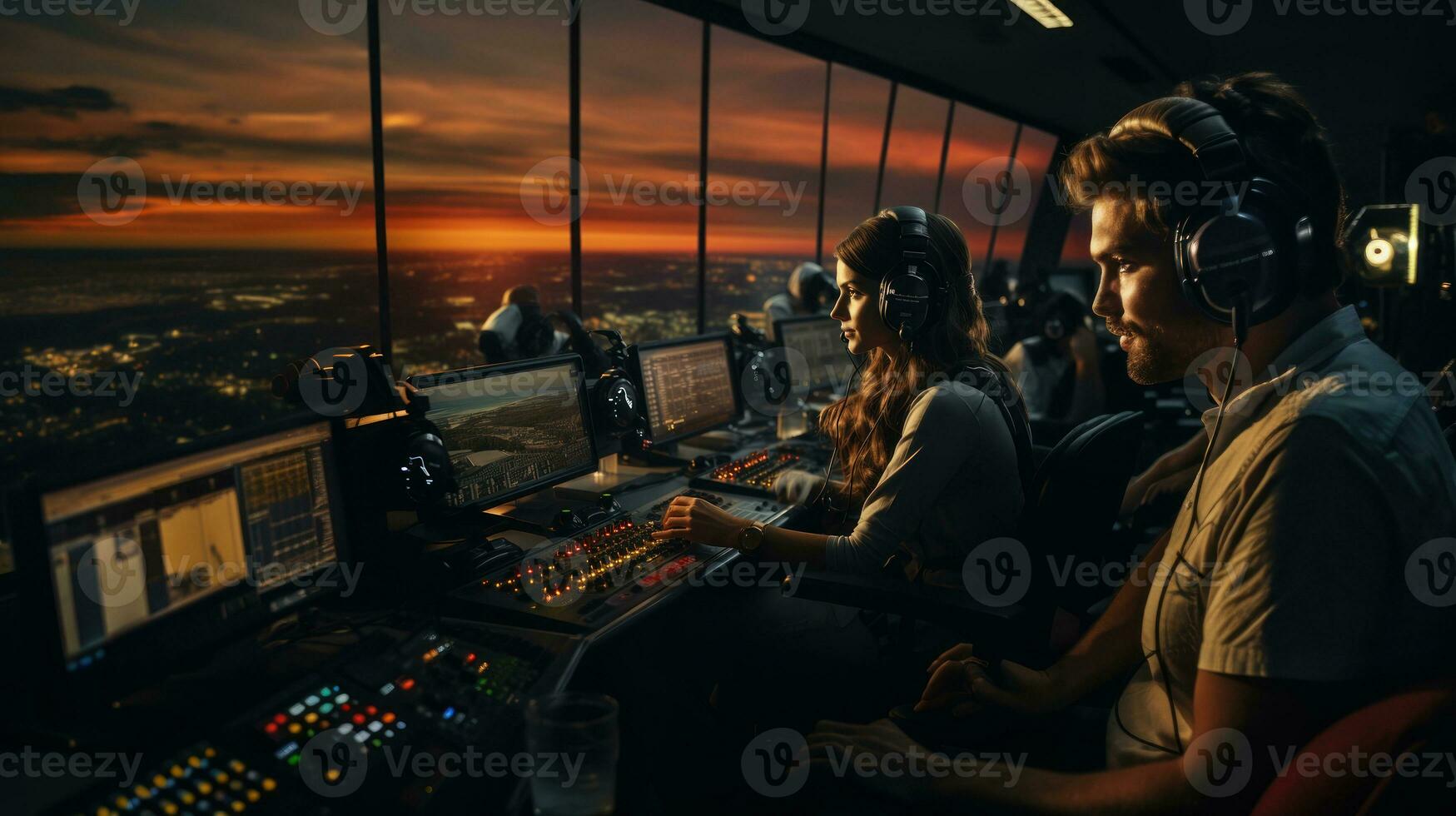 Air traffic controller worker. Office room with navigation screens,airplane departure and arrival data team. Airport tower concept. photo