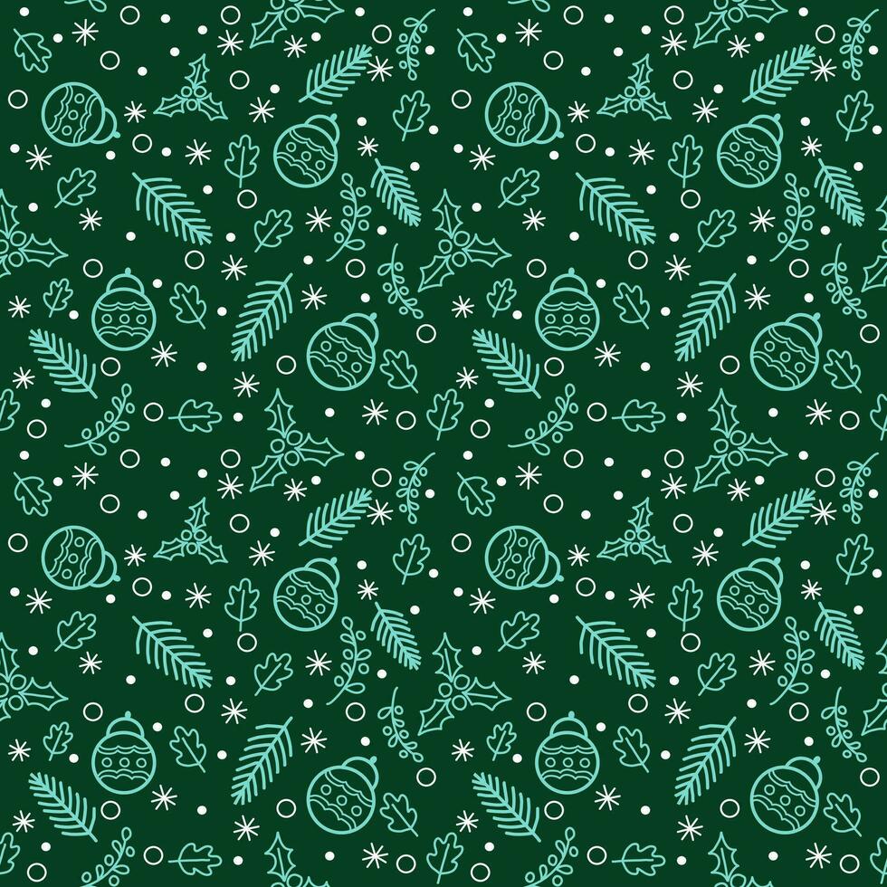 The seamless pattern of Christmas occasions with line art Christmas accessory on green background. vector