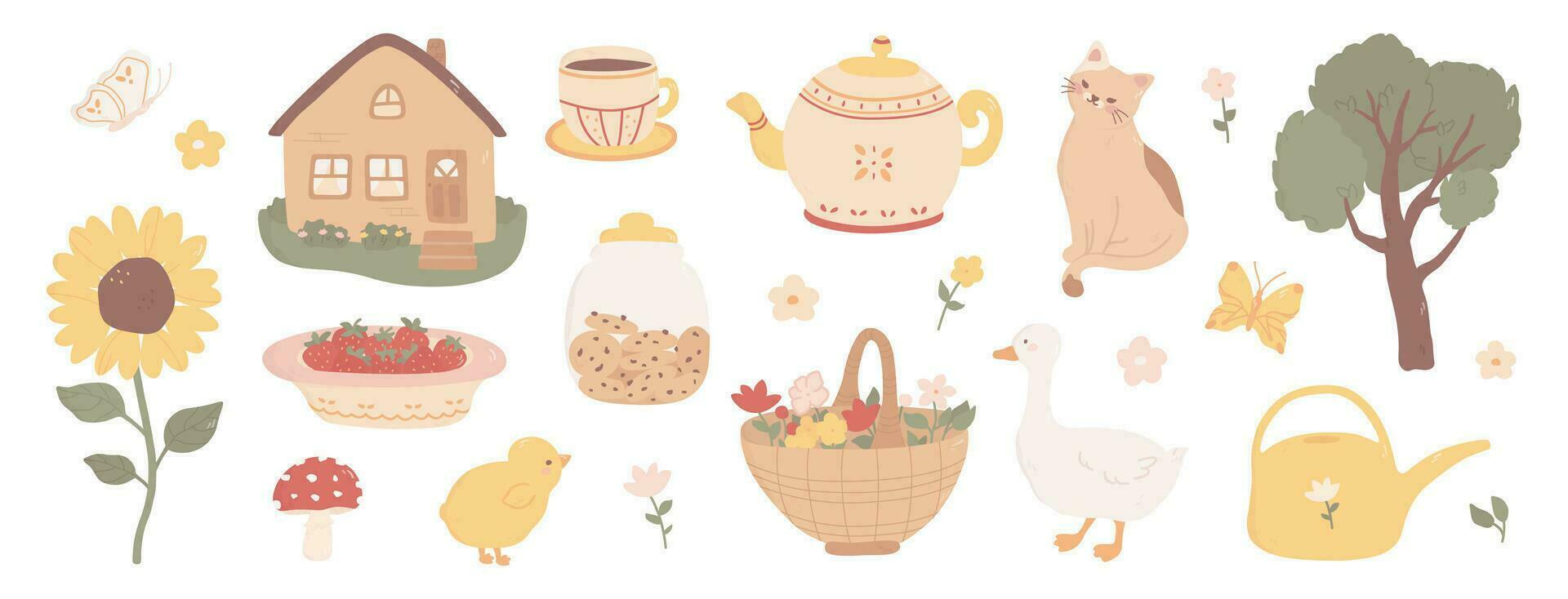 Cottagecore set of elements in pastel colors. Vector illustration of country house, mushroom, flowers, strawberries, watering can, tree, tea set and farm animals in hand drawn cartoon style