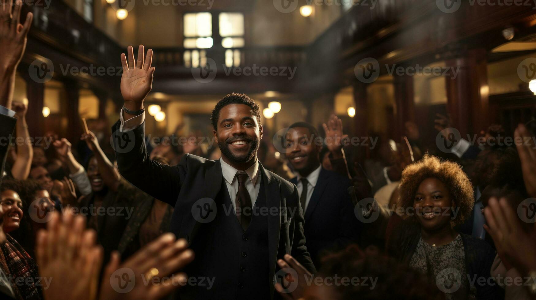 grupo de diverso personas aplausos a sala de justicia para africano americano abogado. positivo decisión en un civil familia caso. foto