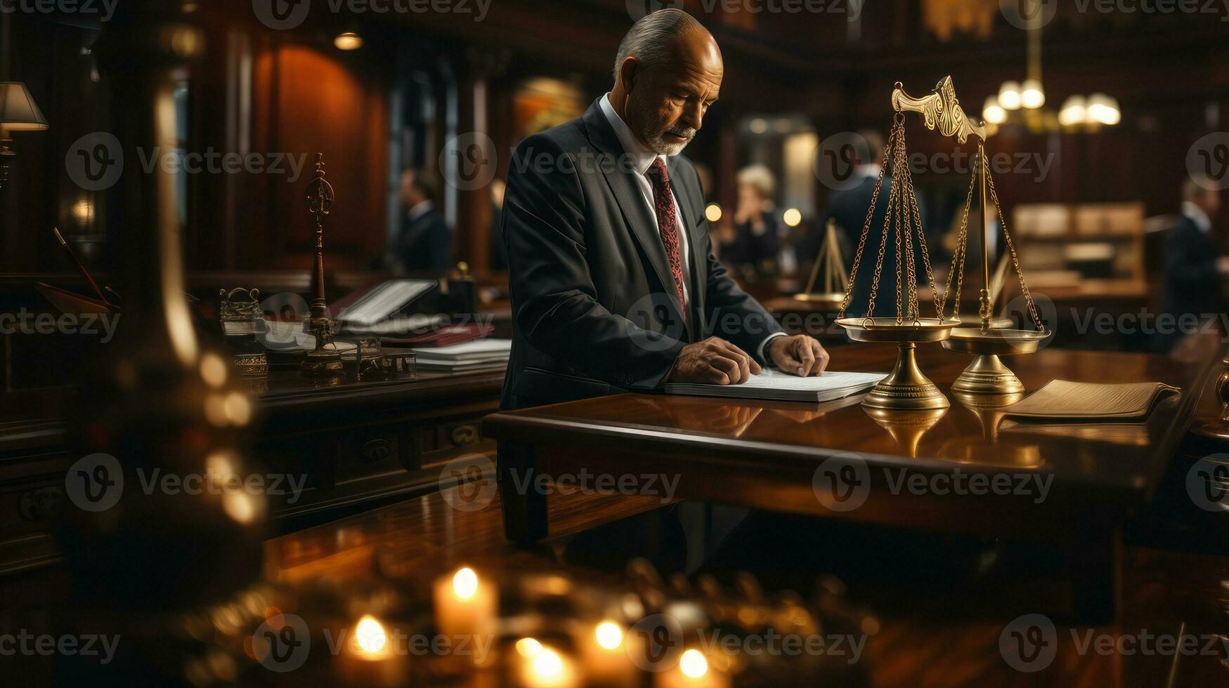 Mature lawyer working on papers in courtroom. Law attorney and justice concept. photo