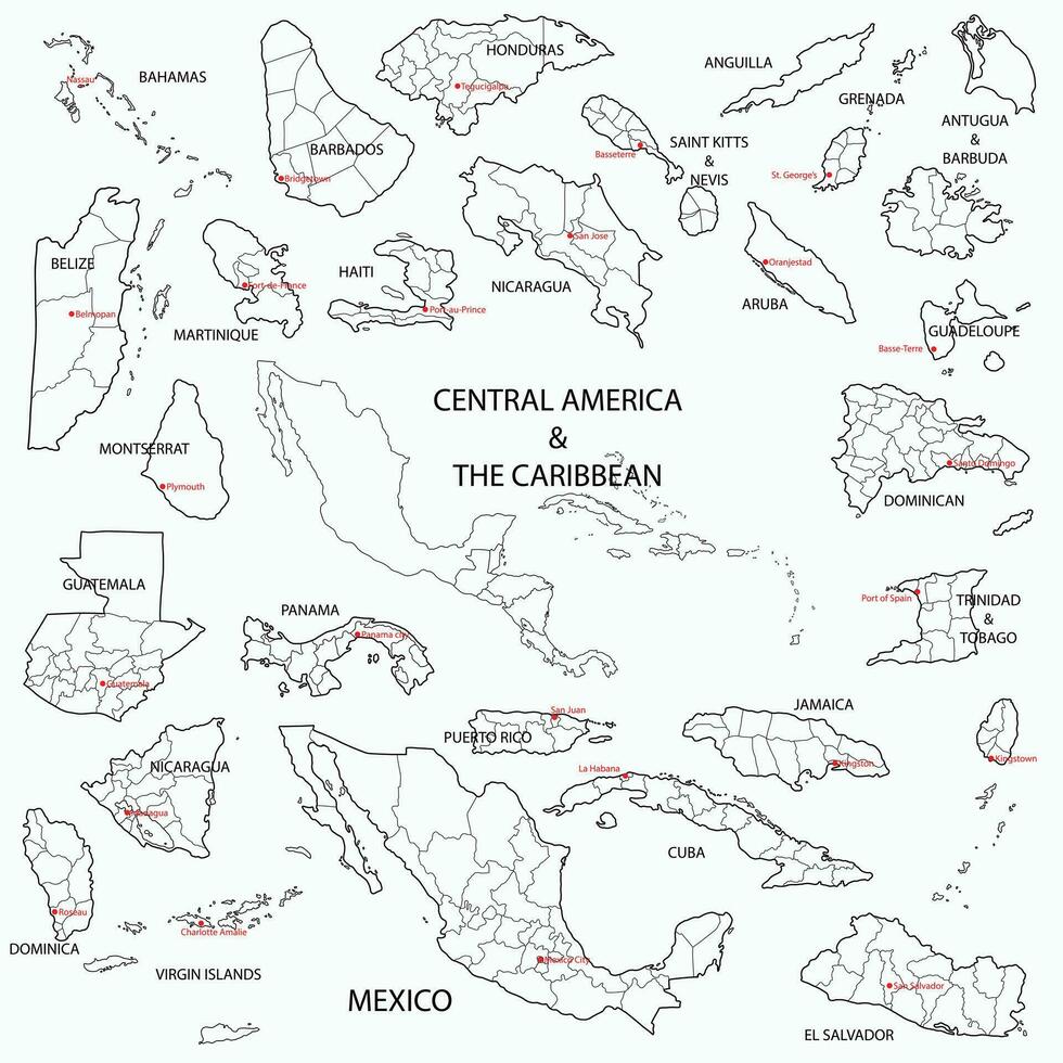 garabatear a mano dibujo de central America y el caribe países mapa. vector