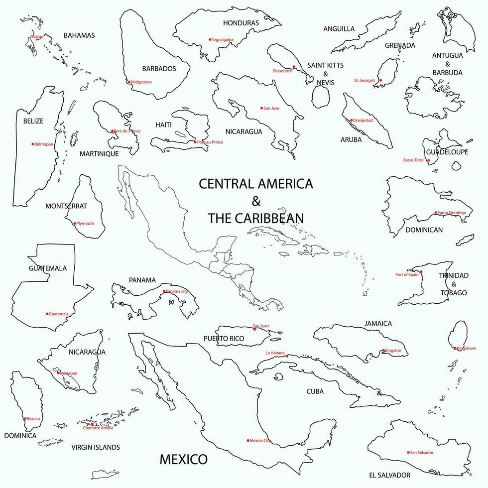 Doodle freehand drawing of Centreal America and the Caribbean countries map. vector