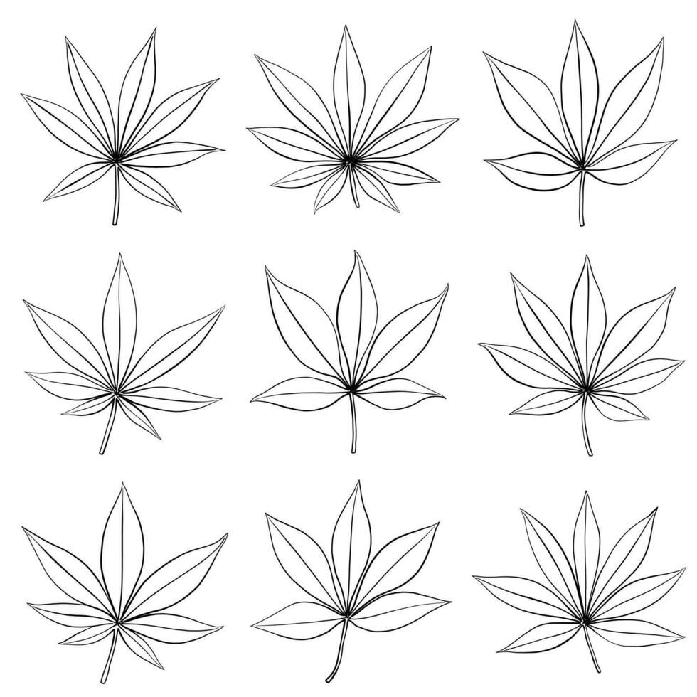 simplicidad hoja de cannabis dibujo a mano alzada colección de diseño plano. vector