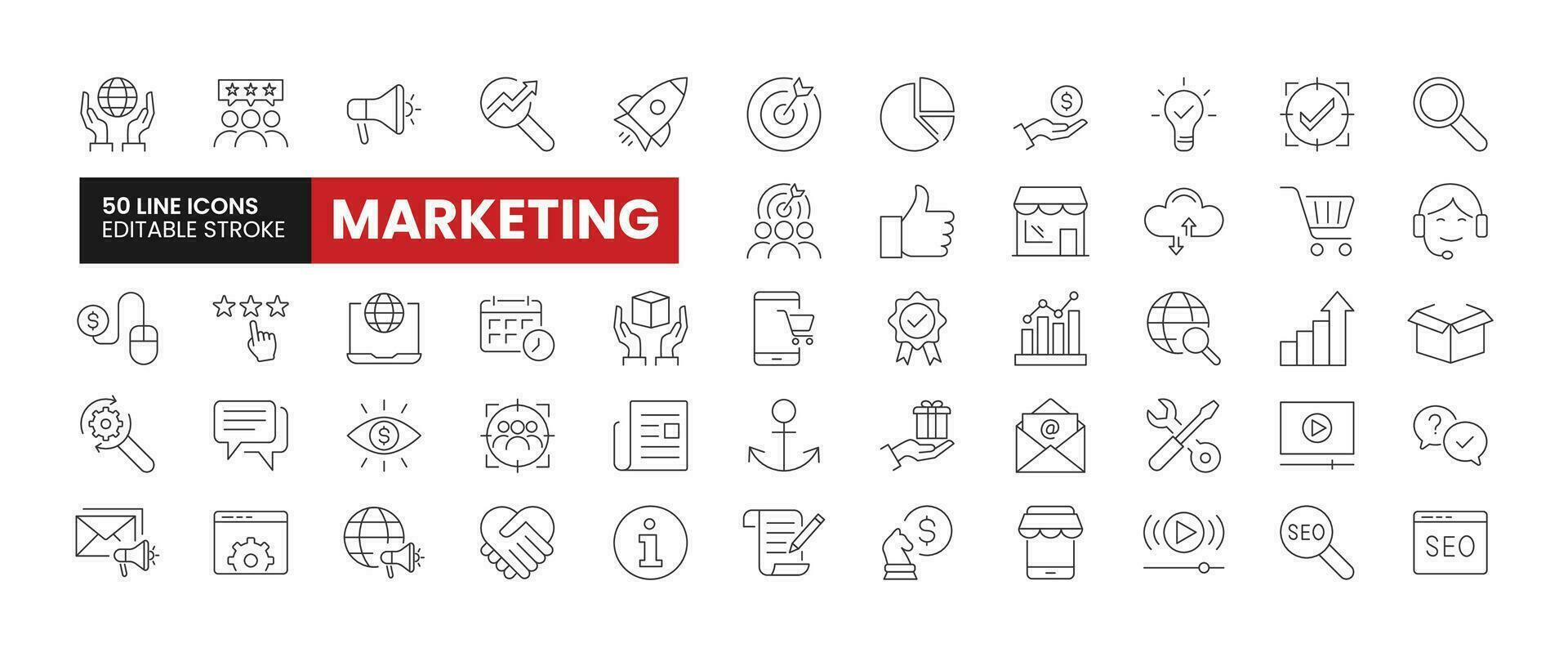 Set of 50 Digital Marketing line icons set. Digital Marketing outline icons with editable stroke collection. Includes Marketing, Customers, SEO, Earnings, Target Audience and More. vector