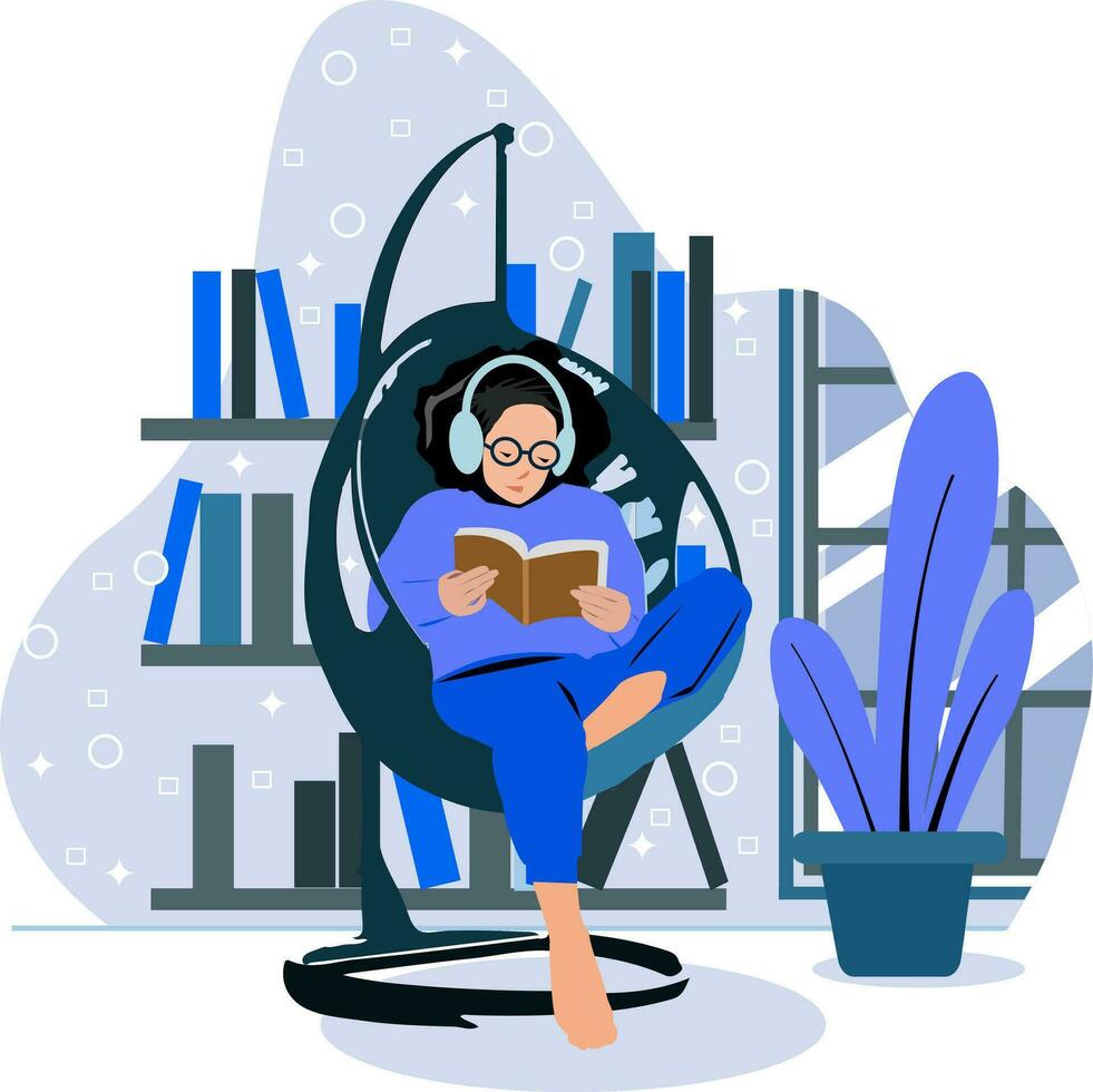 Girl reading on a swing at home, relaxed and listening to music concept vector