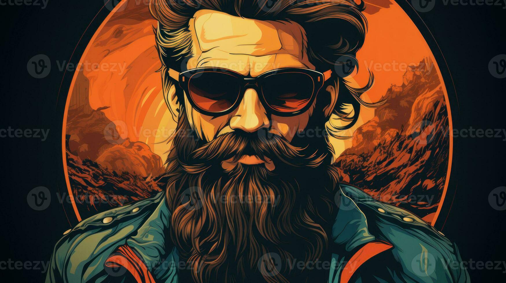Hipster man with long beard and sunglasses. Vector illustration. photo
