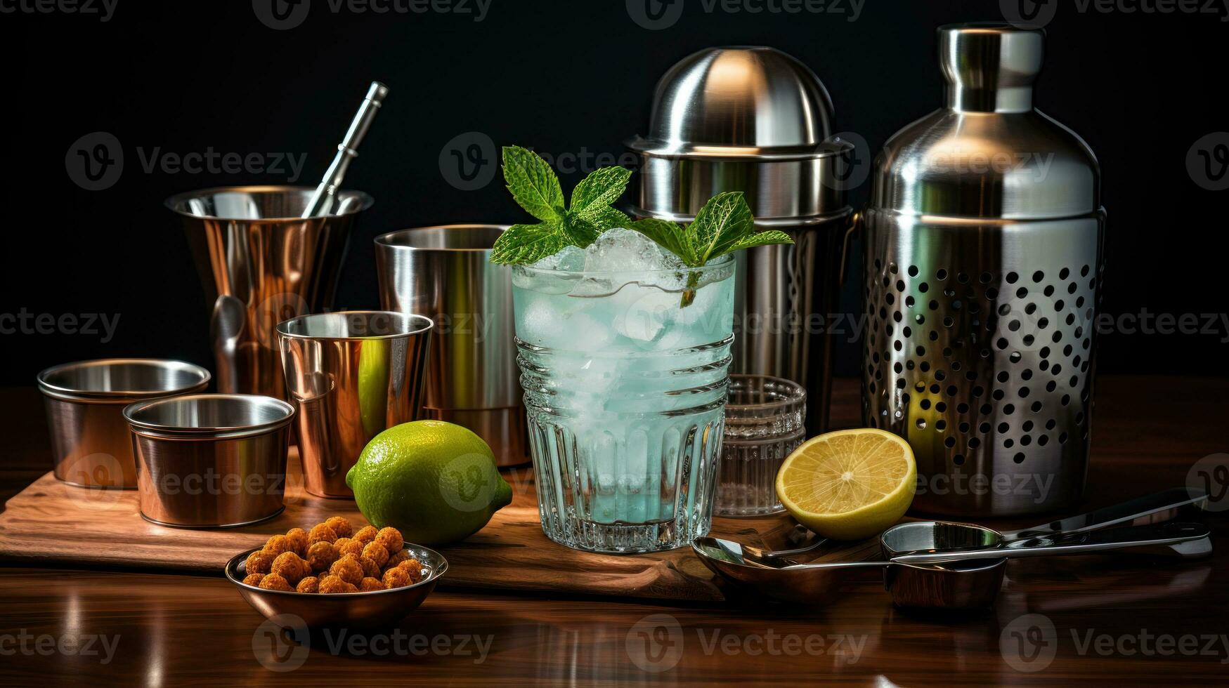 Cocktail with lime, mint and ice on the bar counter photo