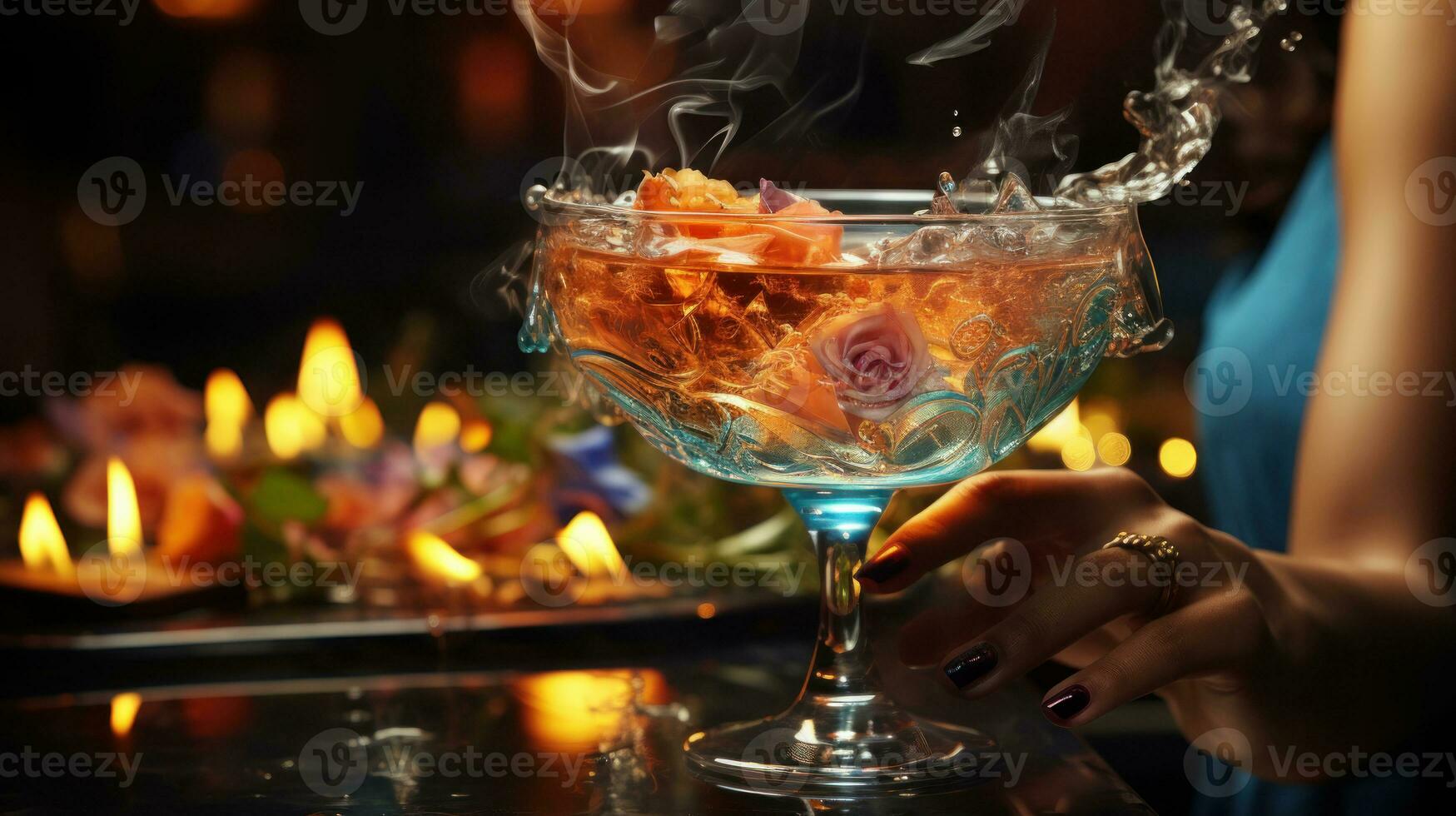 Woman with glass of cocktail on table in night club, closeup. photo