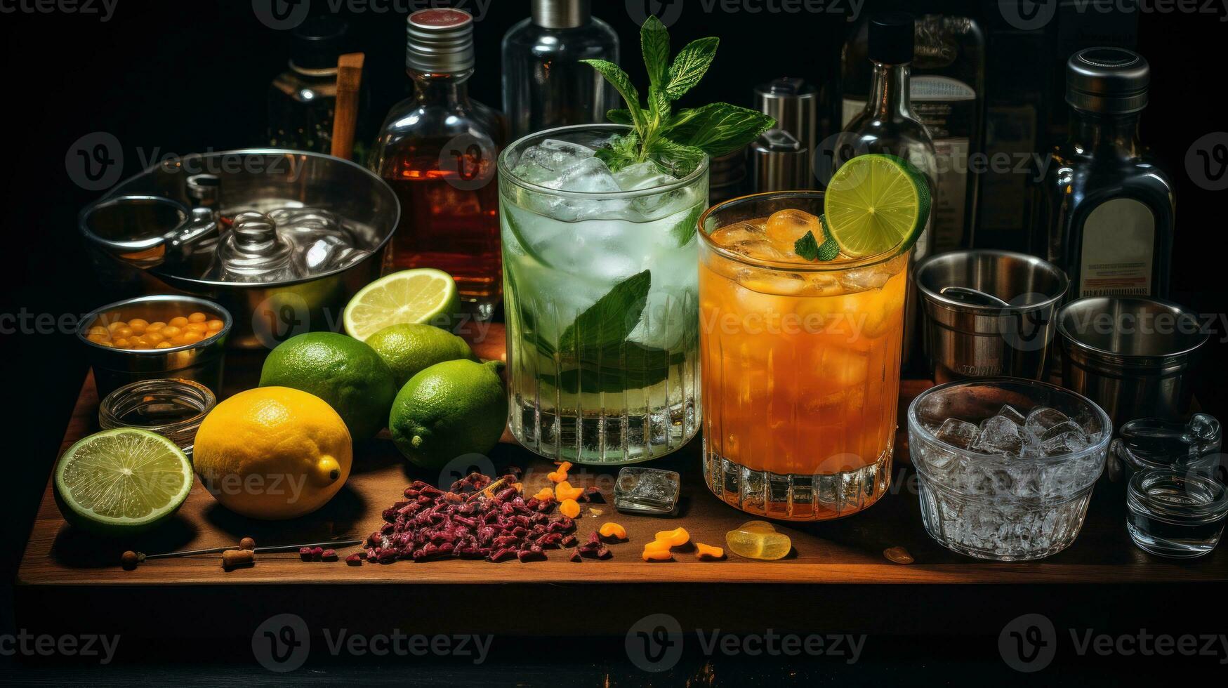 Cocktails with lime, mint and ice on the bar counter. photo