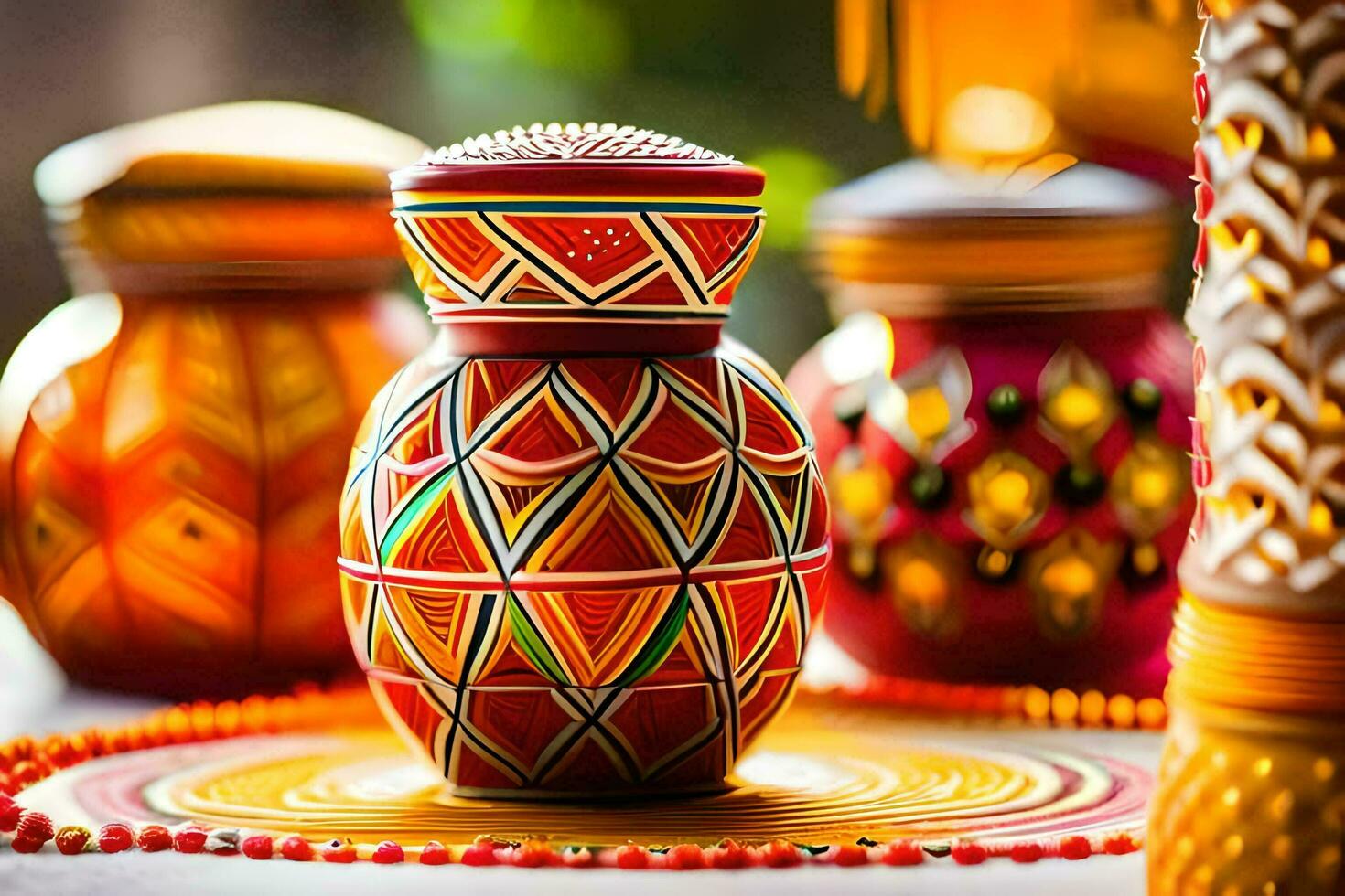 colorful vases and beads on a table. AI-Generated photo