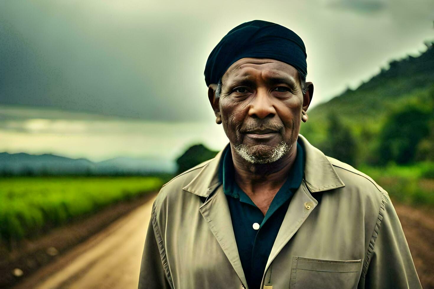 a man standing in a dirt road with a field in the background. AI-Generated photo