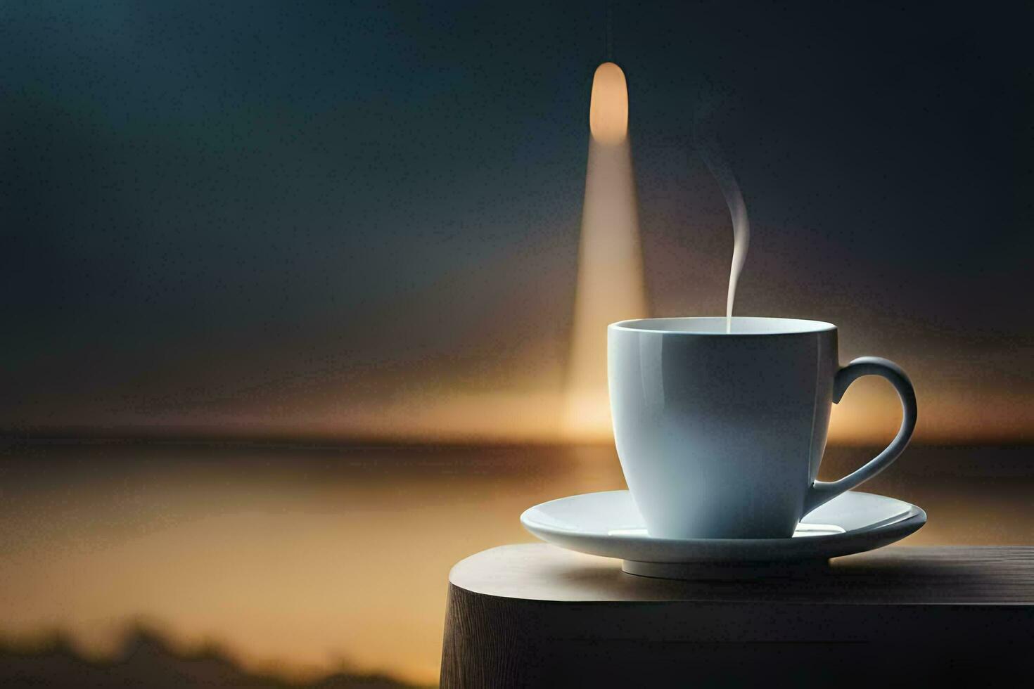 a cup of coffee on a table with a view of the ocean. AI-Generated photo