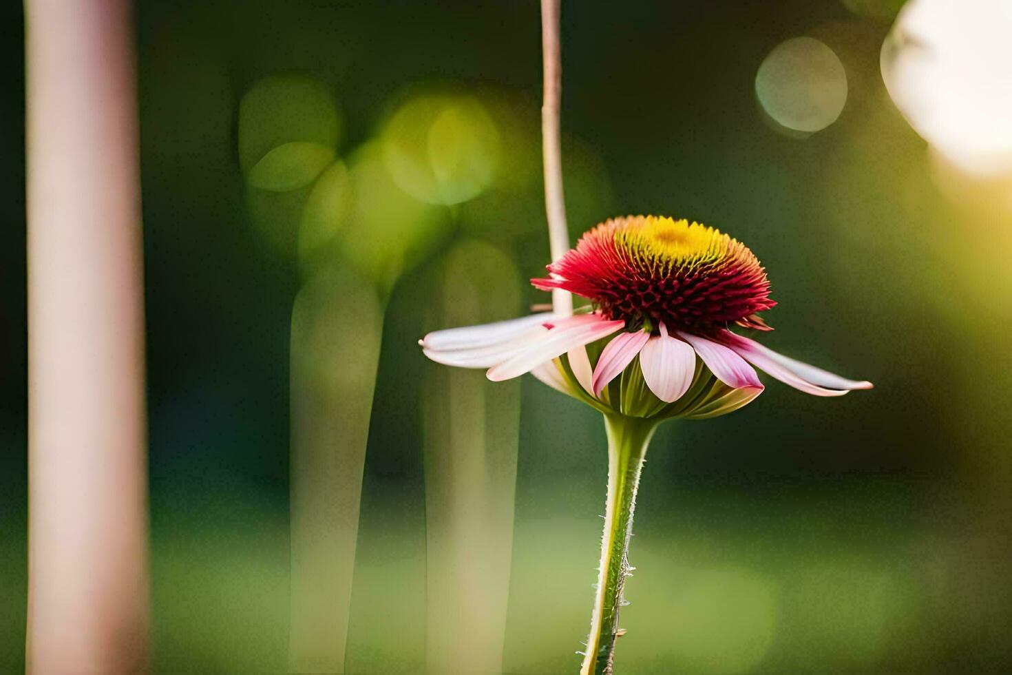 a single pink flower is standing in the sun. AI-Generated photo