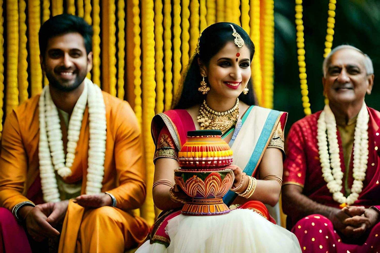 un Pareja en tradicional indio atuendo se sienta con su familia. generado por ai foto