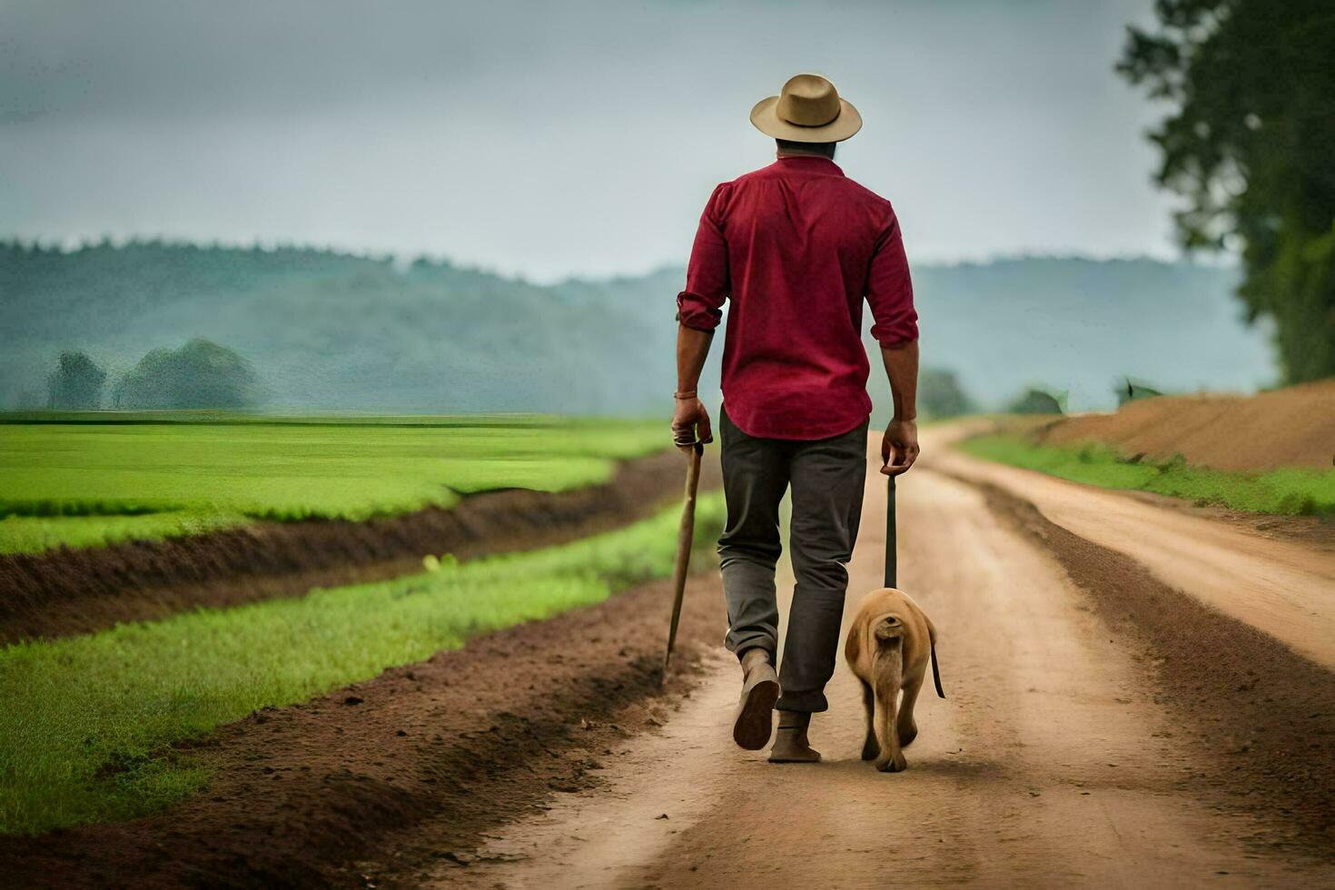 un hombre caminando su perro abajo un suciedad la carretera. generado por ai foto