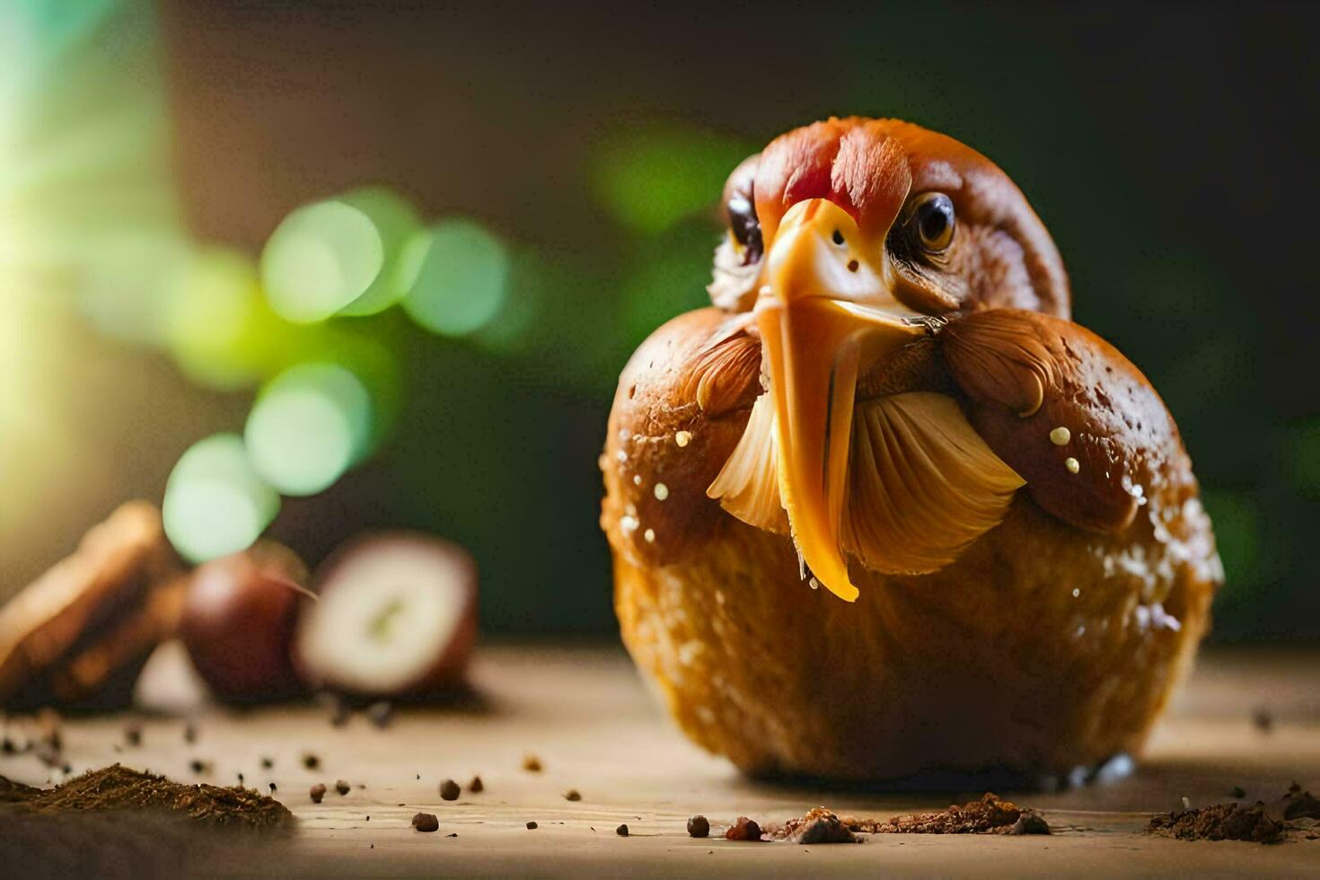 a chicken with a big head and a big beak. AI-Generated photo