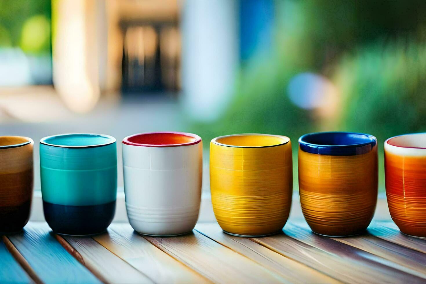 colorful cups lined up on a wooden table. AI-Generated photo