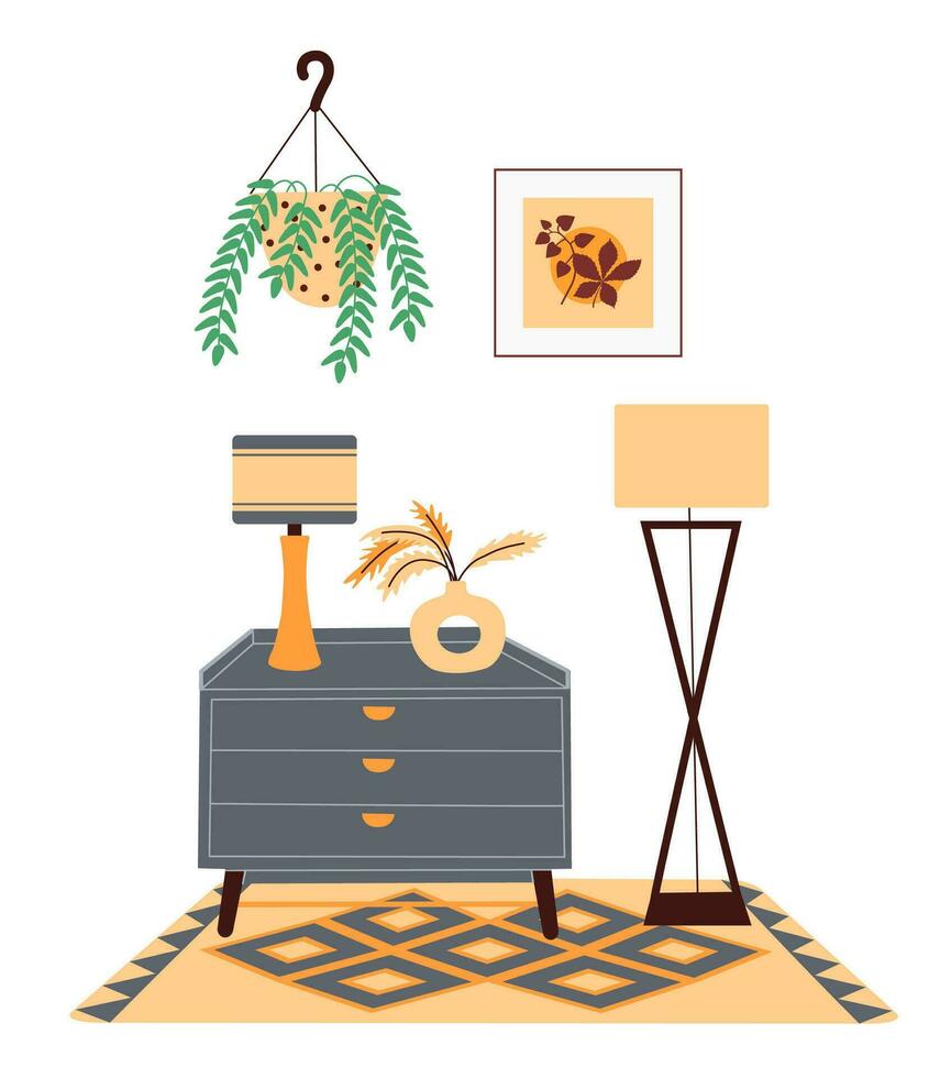 Stylish living room interior with trendy furniture. Flat vector illustration.