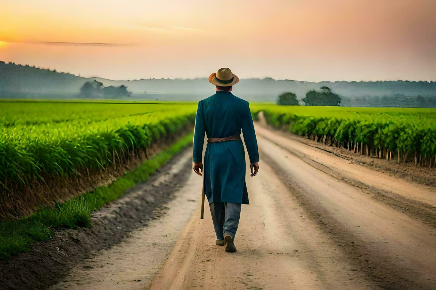 a man in a blue suit walks down a dirt road. AI-Generated photo