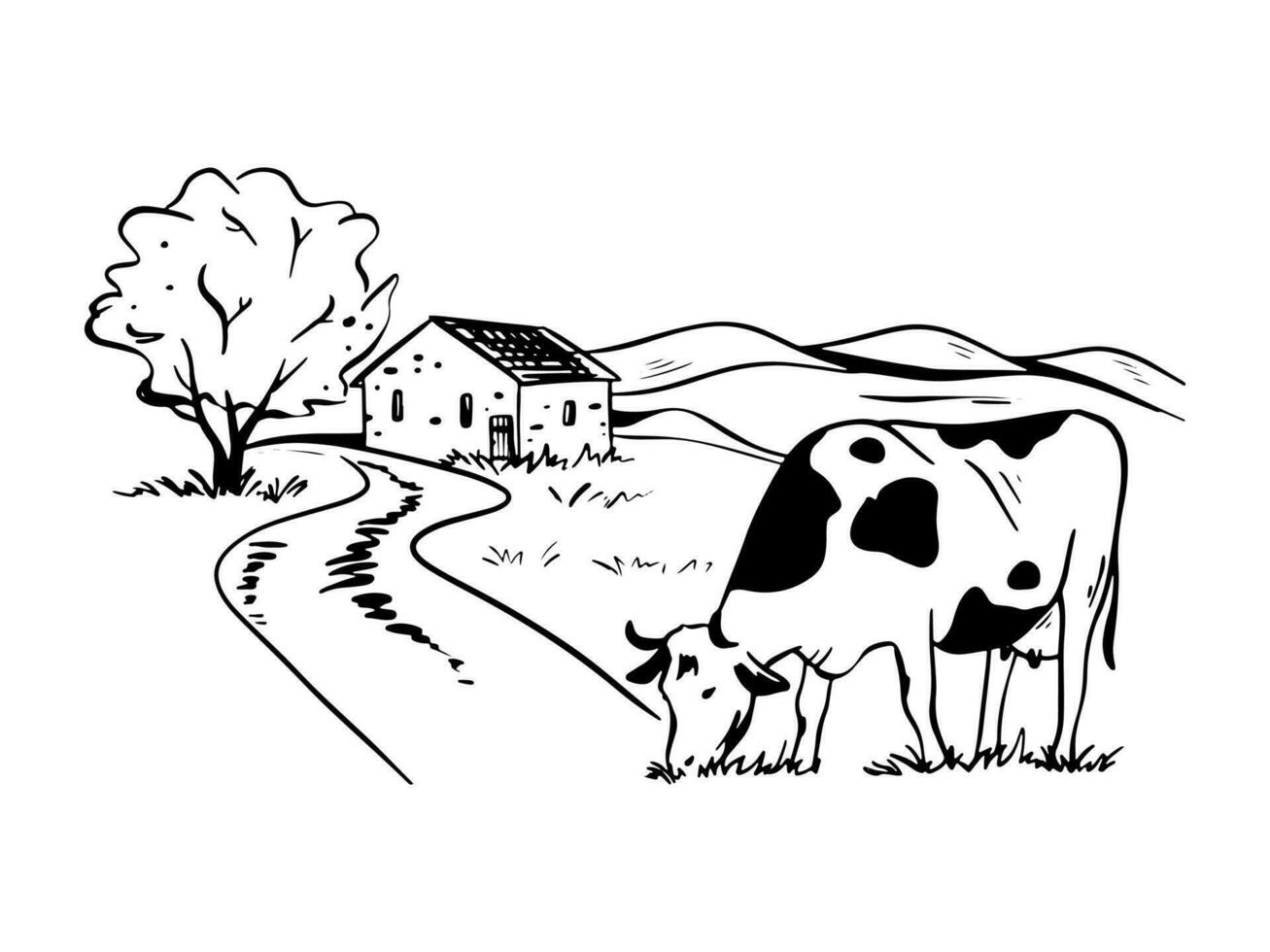 Outline illustration of a rural landscape with a cow grazing in a meadow. vector