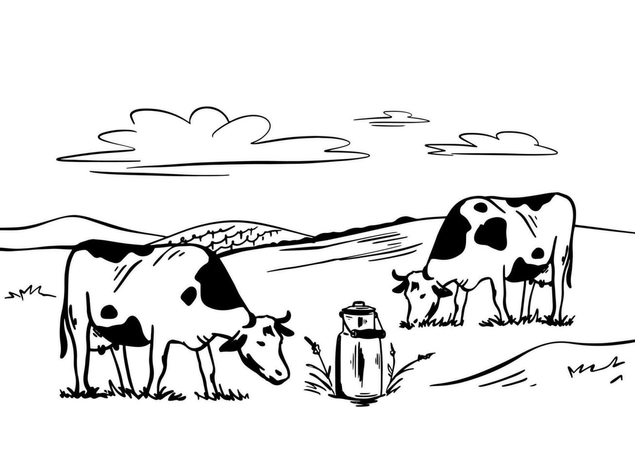 Outline illustration of a rural landscape with a cow grazing in a meadow. vector