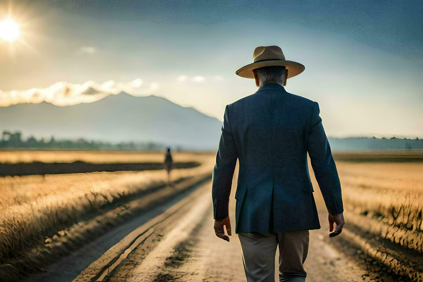 a man in a hat and suit walking down a dirt road. AI-Generated photo