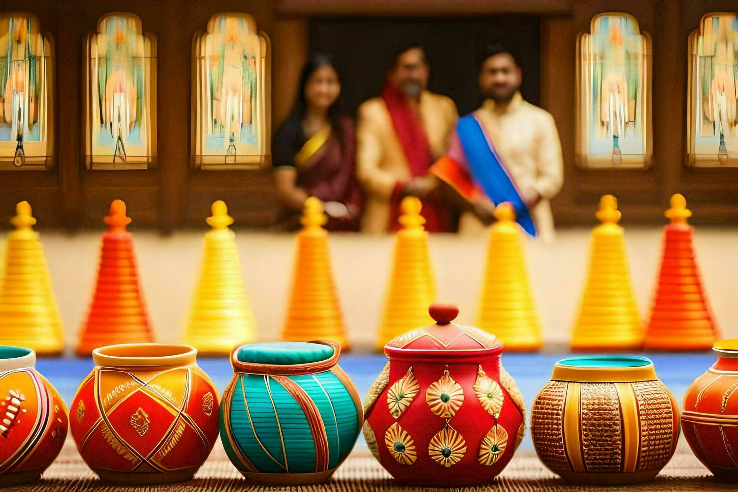 colorful pots and vases are arranged on a table. AI-Generated photo