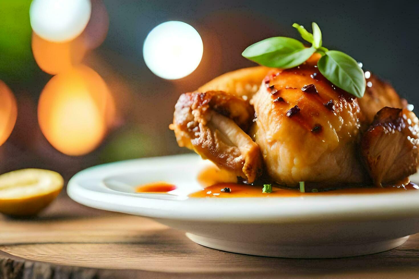 a chicken on a plate with sauce and lemon. AI-Generated photo