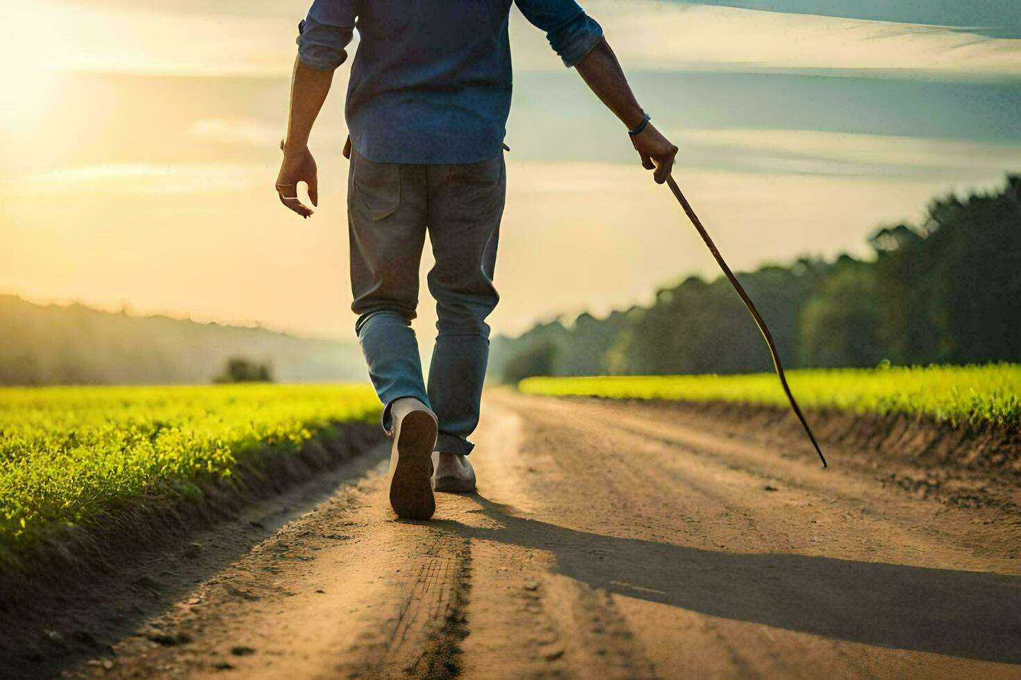 hombre caminando en un suciedad la carretera con caña. generado por ai foto