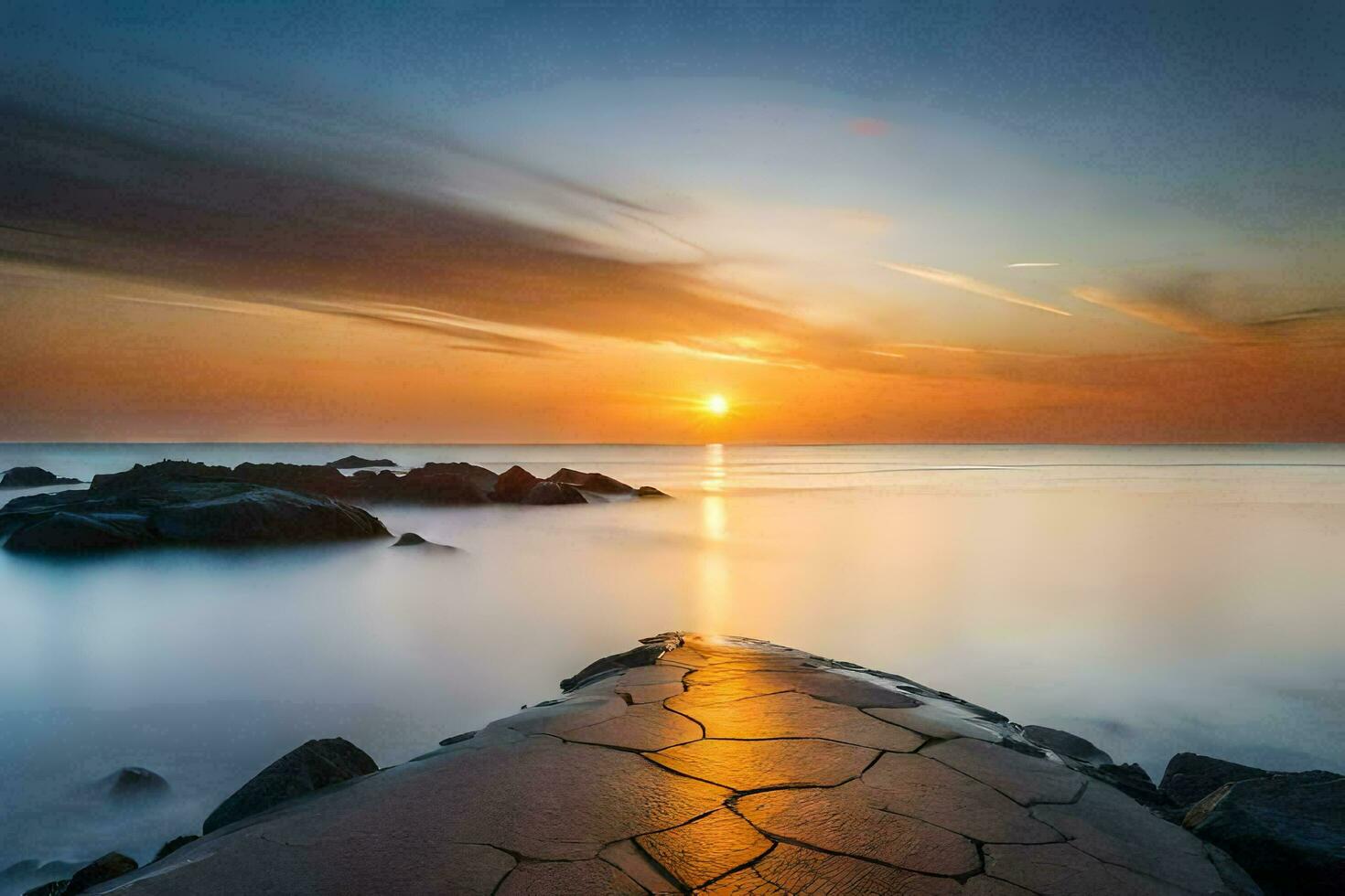 a sunset over the ocean with rocks and water. AI-Generated photo