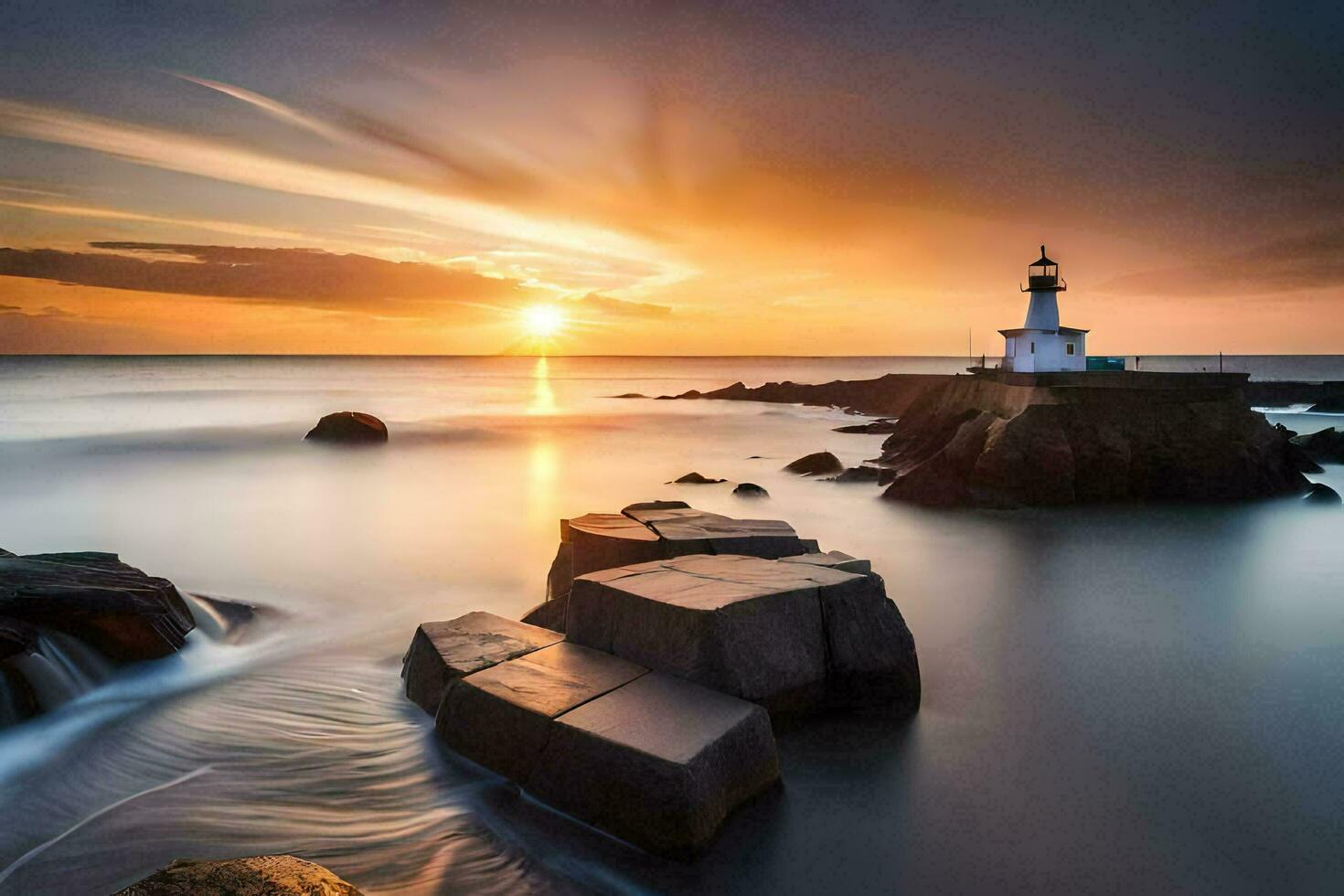 un faro es visto en el puesta de sol terminado rocas generado por ai foto