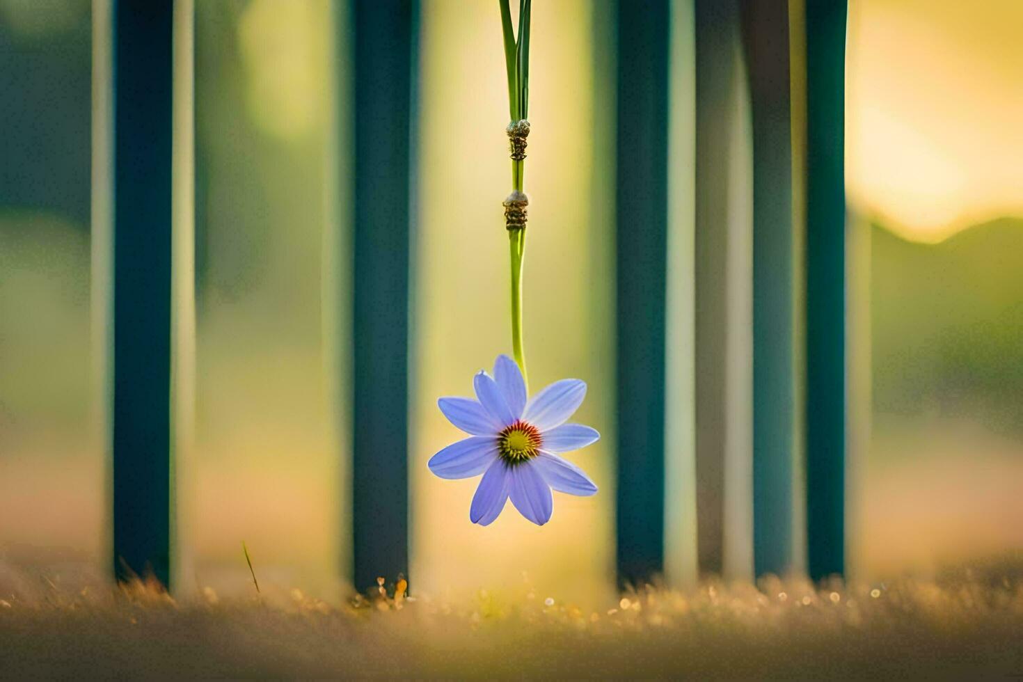 a single blue flower hanging from a pole. AI-Generated photo