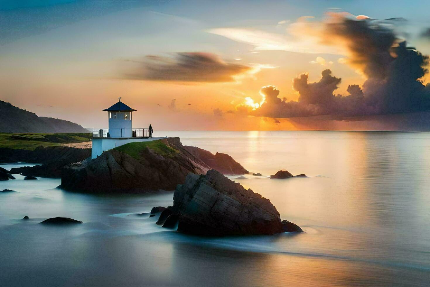 un faro se sienta en el rocas a puesta de sol. generado por ai foto