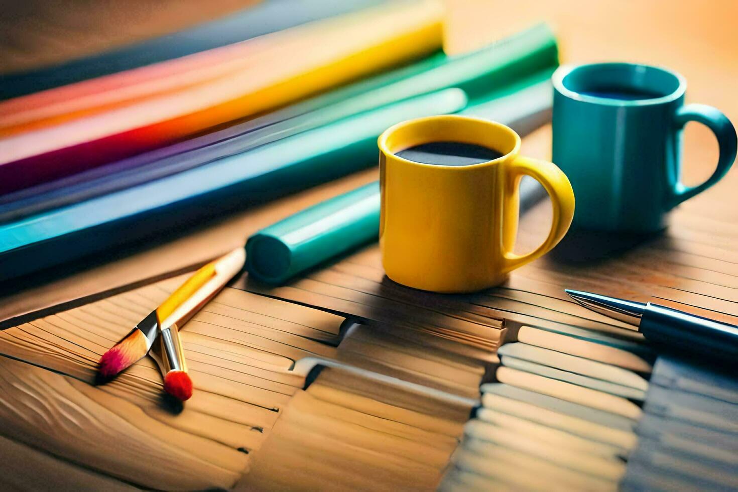 colorful pencils, coffee cups and a ruler on a wooden table. AI-Generated photo