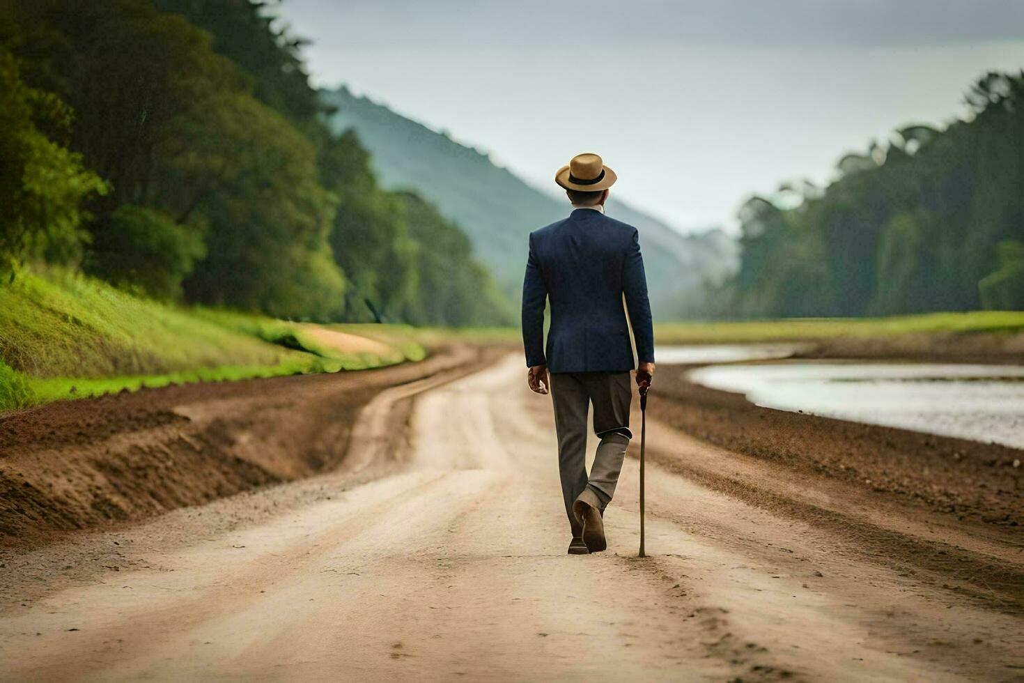 a man in a suit and hat walking down a dirt road. AI-Generated photo