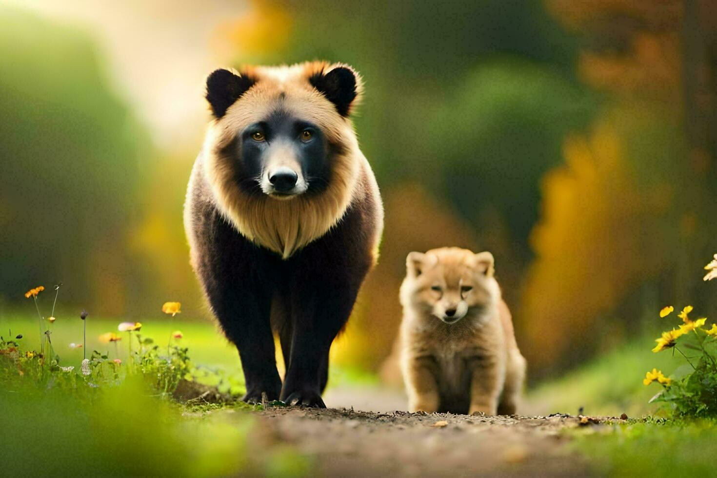 a mother bear and her cub walking down a path. AI-Generated photo