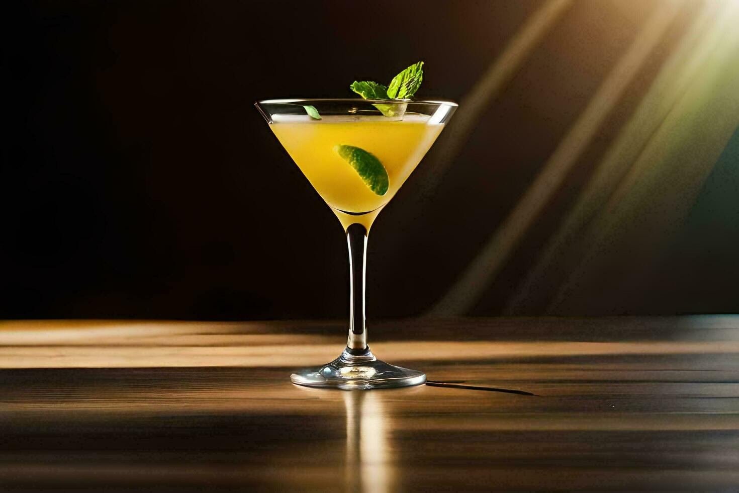 a cocktail with a lemon garnish on a wooden table. AI-Generated photo