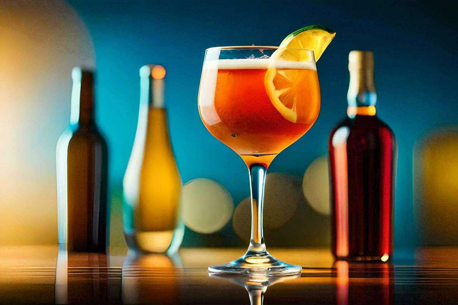 a glass of wine and a cocktail on a table. AI-Generated photo