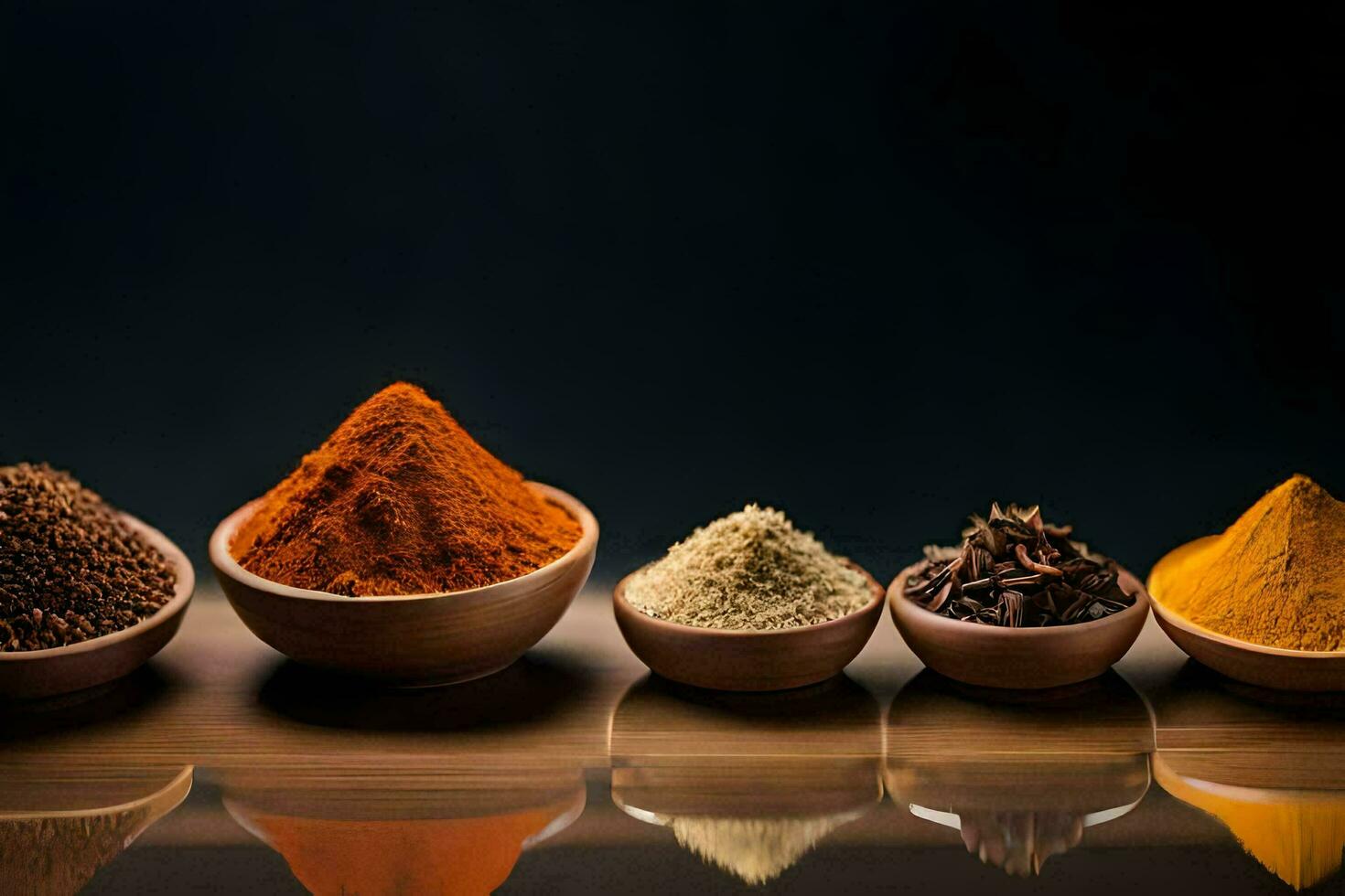 five different types of spices in bowls. AI-Generated photo