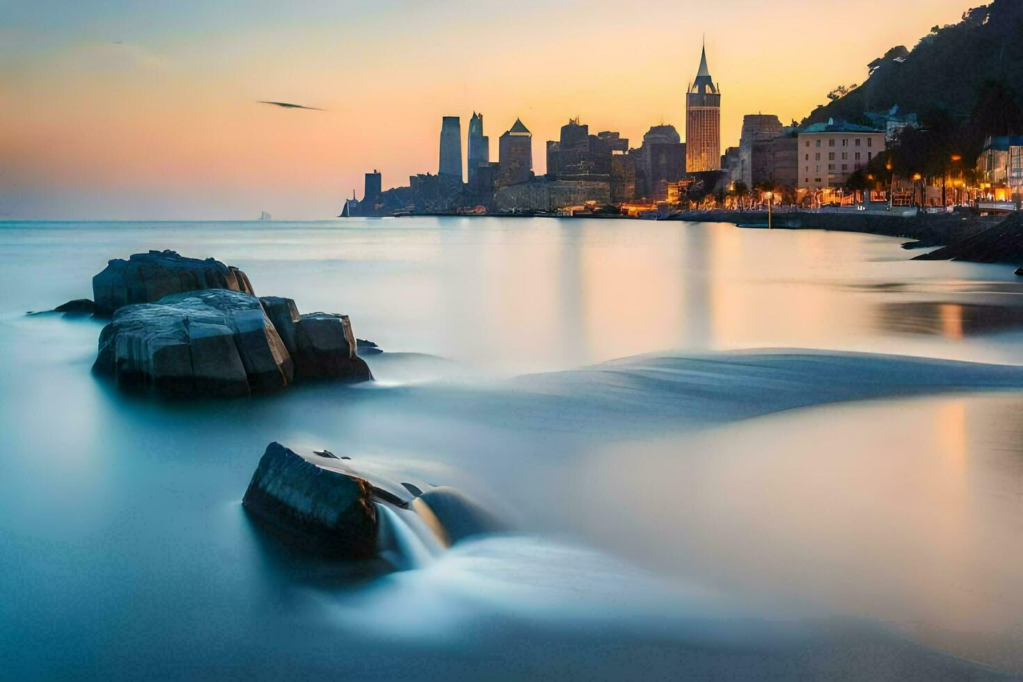 un ciudad horizonte a puesta de sol con olas estrellarse dentro el agua. generado por ai foto