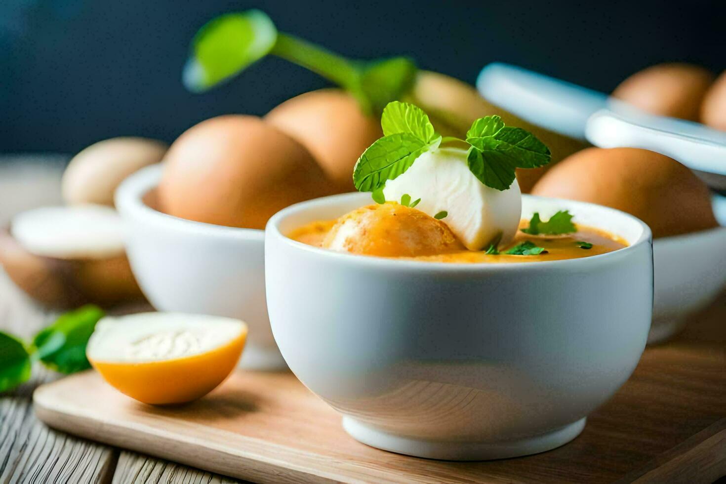 eggs in a bowl with cream and mint leaves. AI-Generated photo