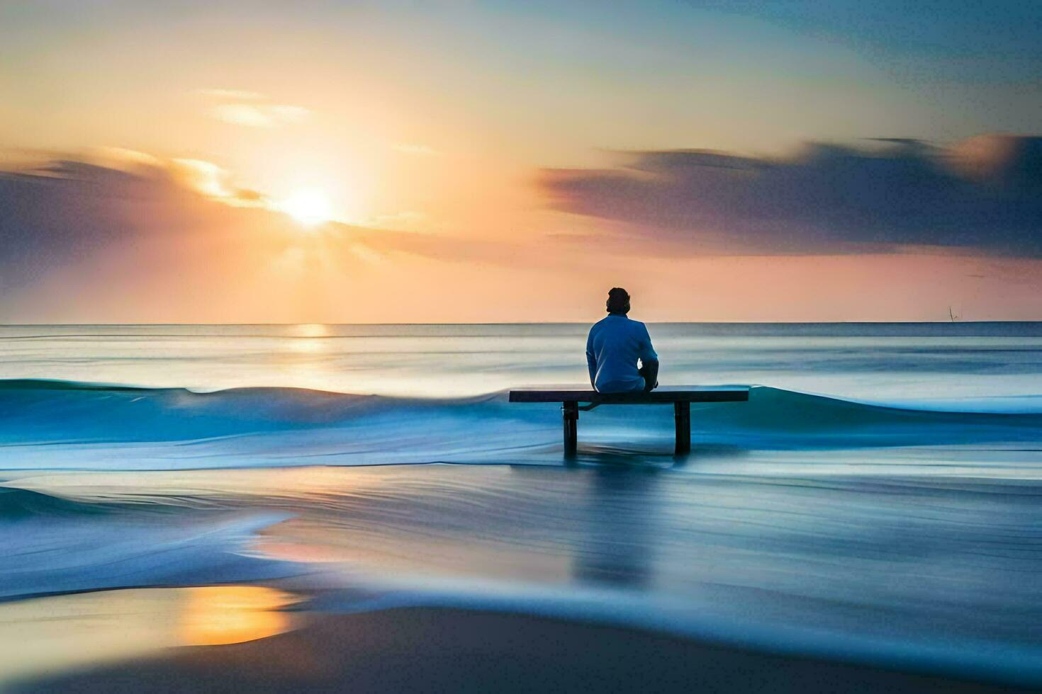 man sitting on bench on beach at sunset. AI-Generated photo