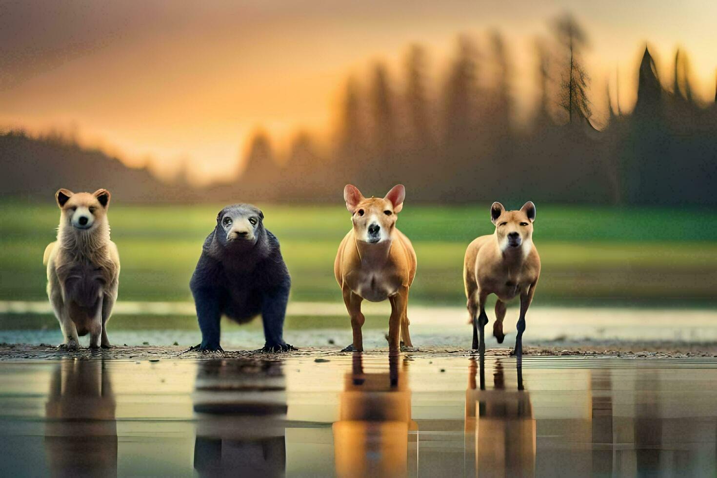 four dogs and a bear standing on the shore of a lake. AI-Generated photo