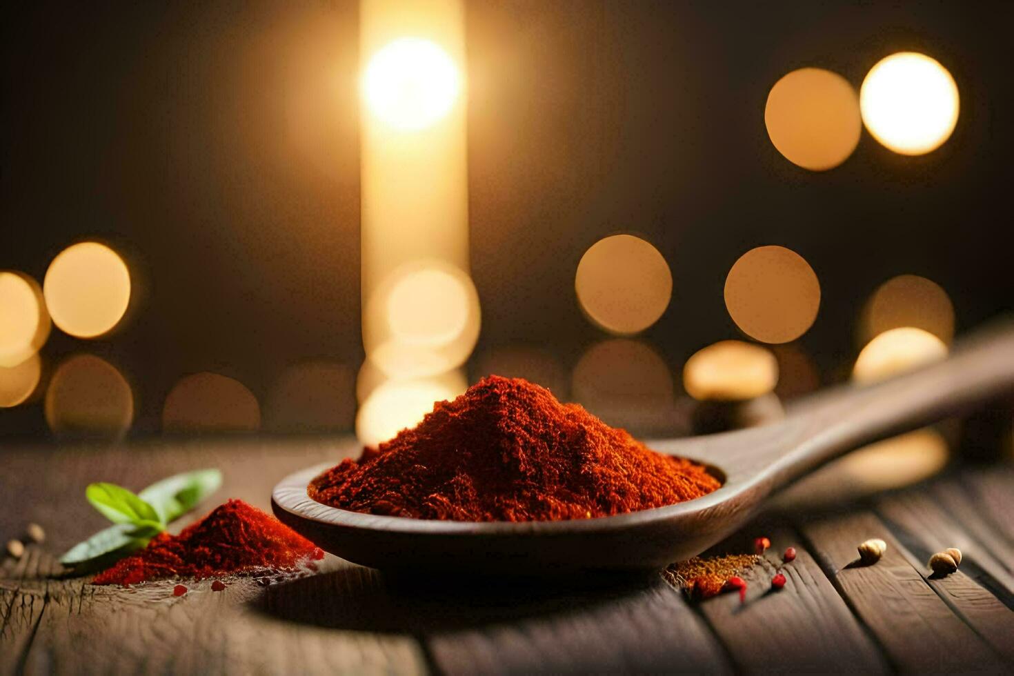 red chilli powder in a wooden spoon on a wooden table with blurred bokeh. AI-Generated photo